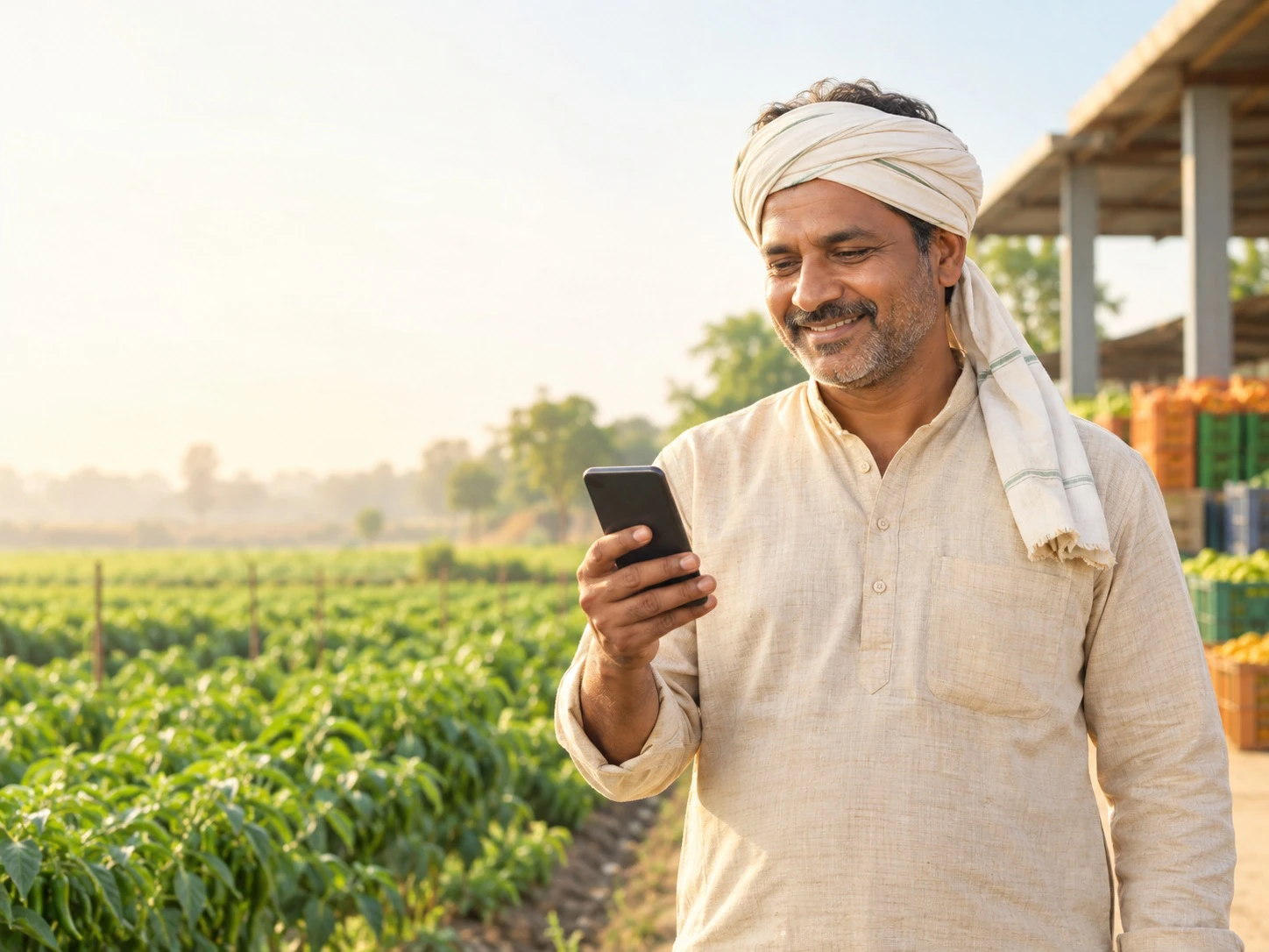 Farmer using a phone beside agricultural produce