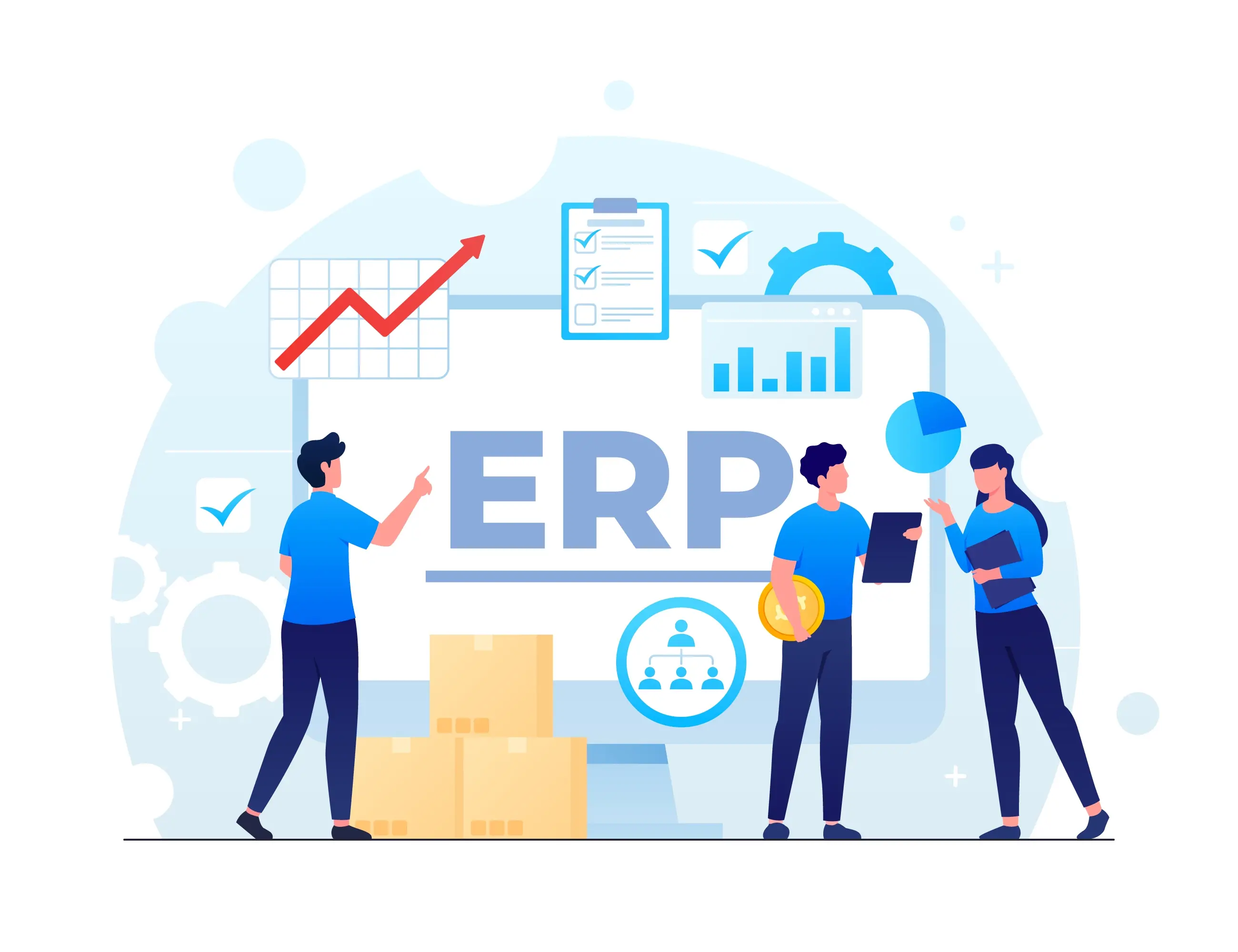 Three people discussing business growth and ERP software Solutions with charts and graphs in the background