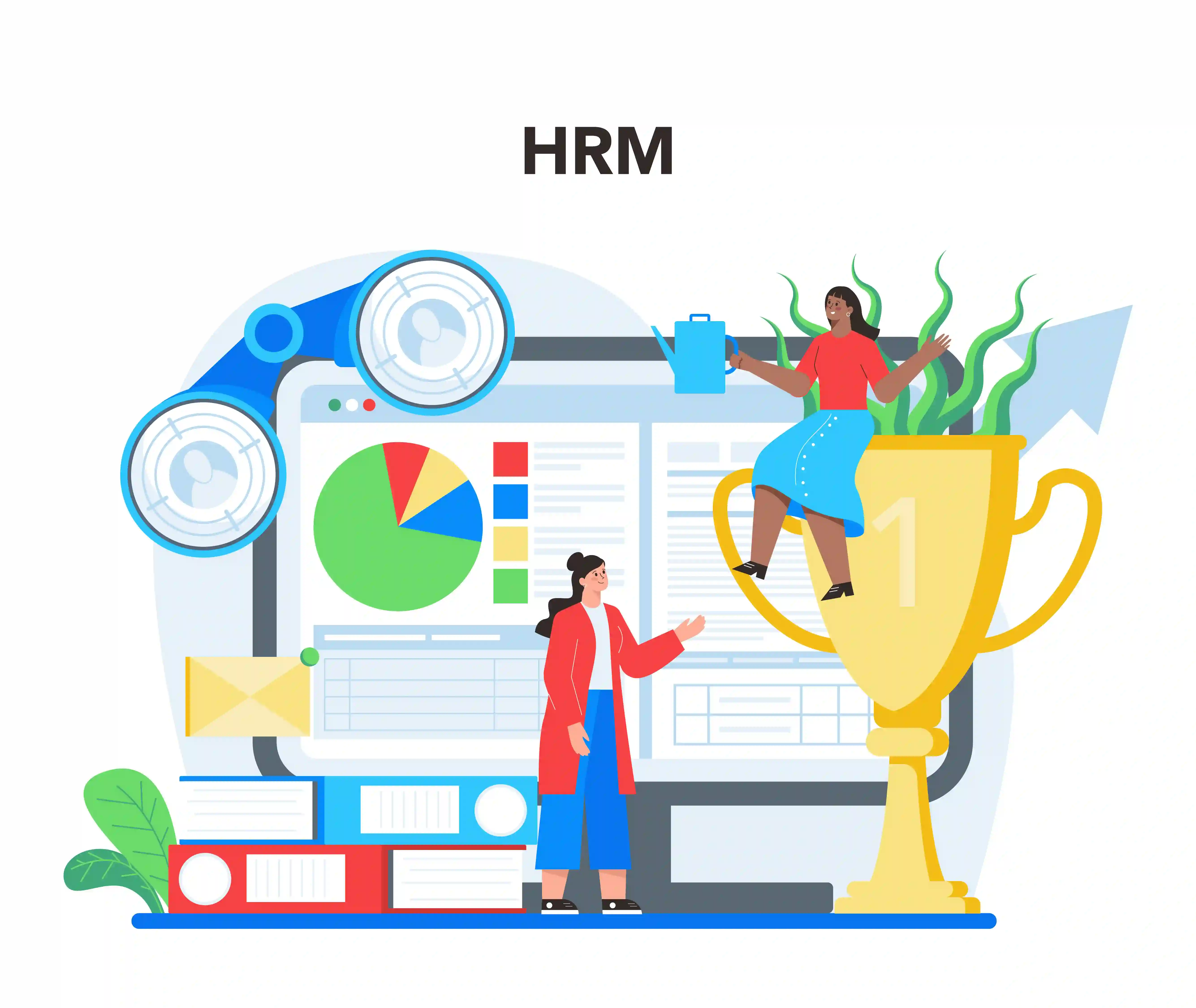 HRM software illustration showing people management, performance charts, employee analysis, and business growth